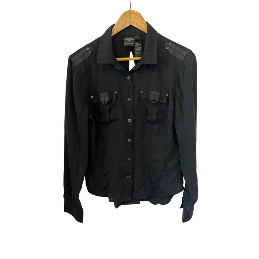 HARLEY DAVIDSON Top Women’s Medium Black Button Up Semi Sheer Shirt M